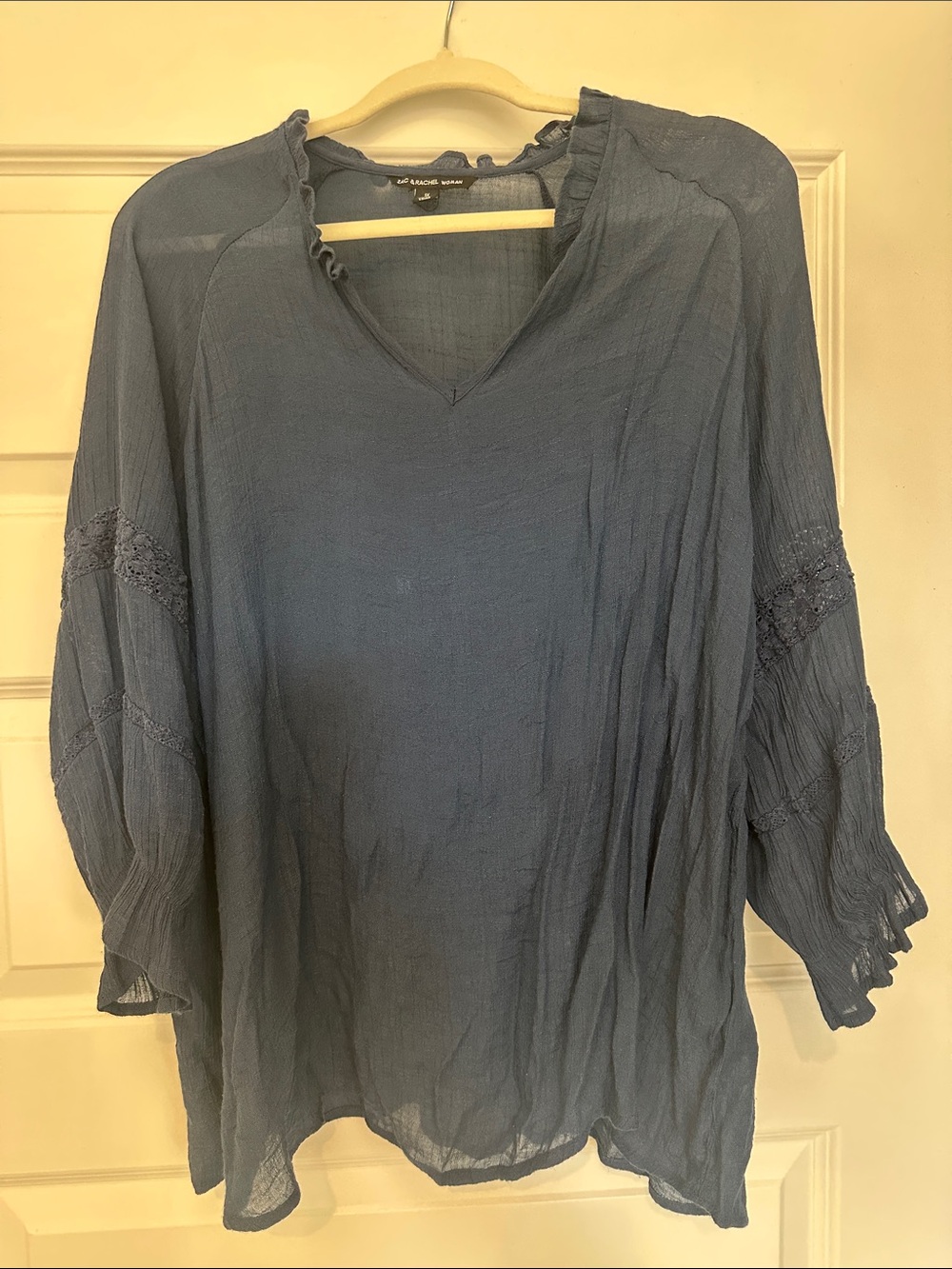 Zac & Rachel Dusty Blue Crinkled V-Neck Tunic with Lace Sleeve Detail